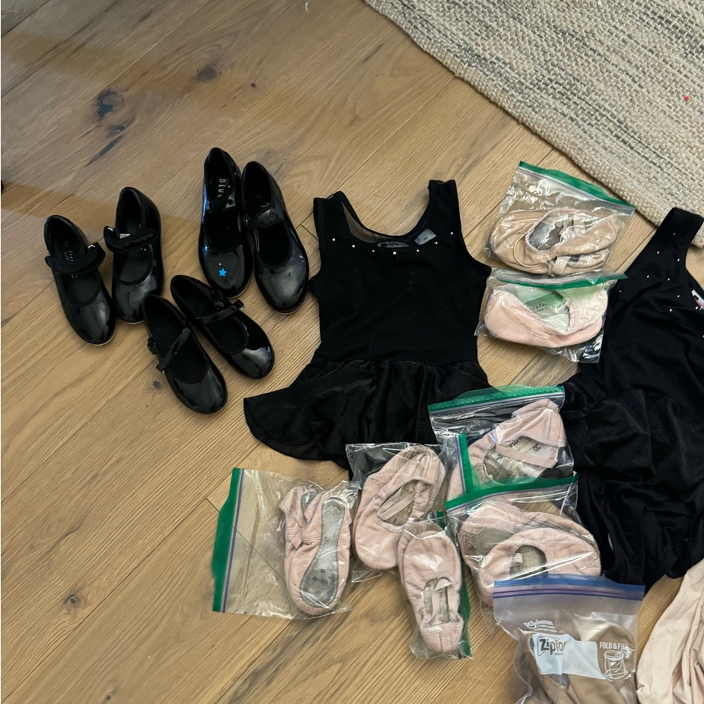 Huge lot of kids dance shoes and tights. Includes Bloch brand!